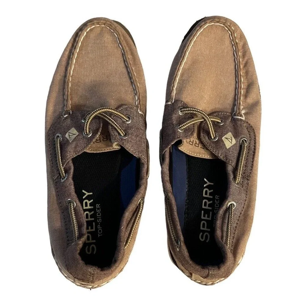 Sperry Men’s Top Siders Slip‎ On Boat Shoes Tan Canvas Leather Lace Up Size 8M